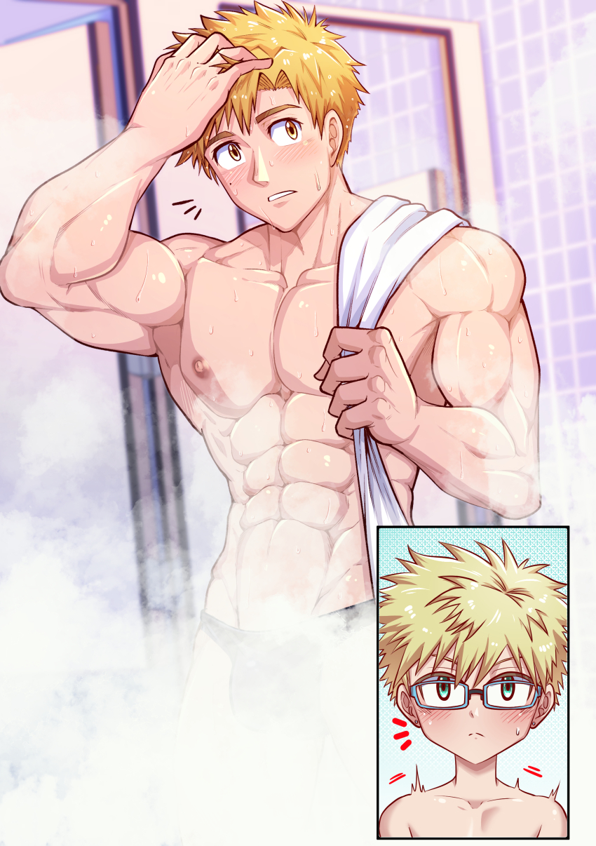 2boys, abs, absurdres, akeuraji_tsukasa, bara, blonde_hair, commentary, earrings