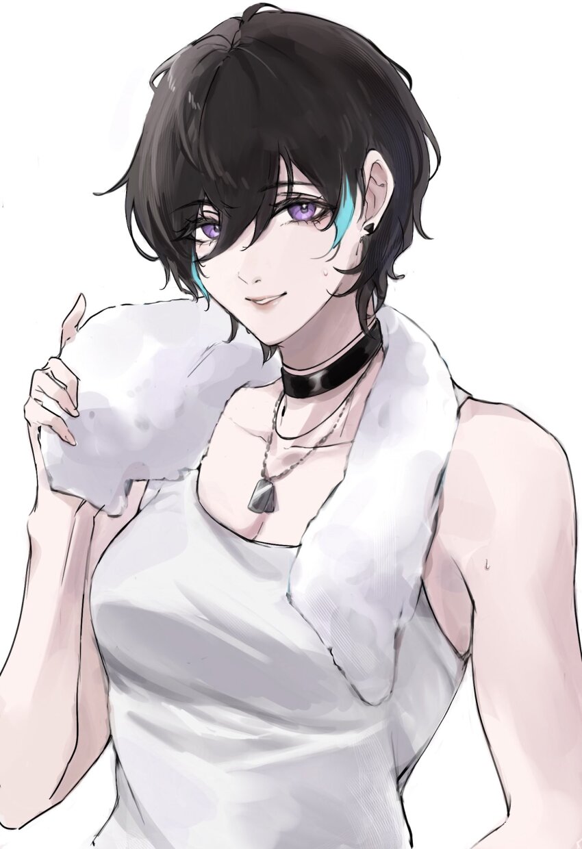 1girl, black_choker, black_hair, choker, cinnabar_(path_to_nowhere), dog_tags, hand_up, highres