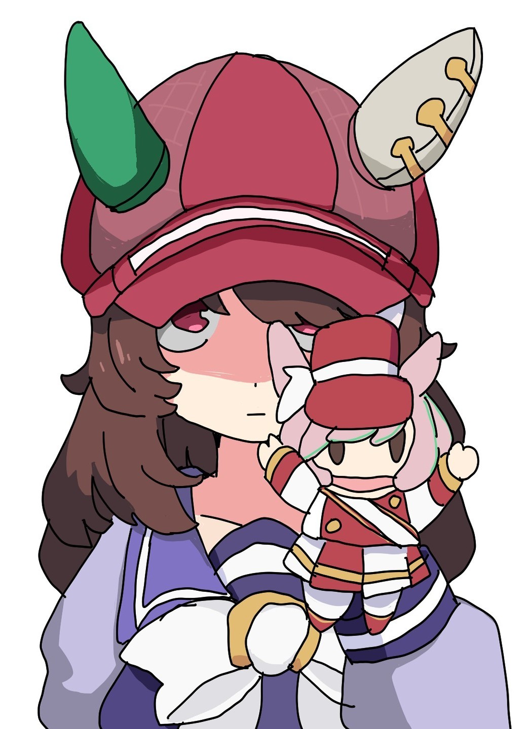 1girl, animal_ears, bow, bowtie, brown_hair, closed_mouth, ears_through_headwear, hand_puppet