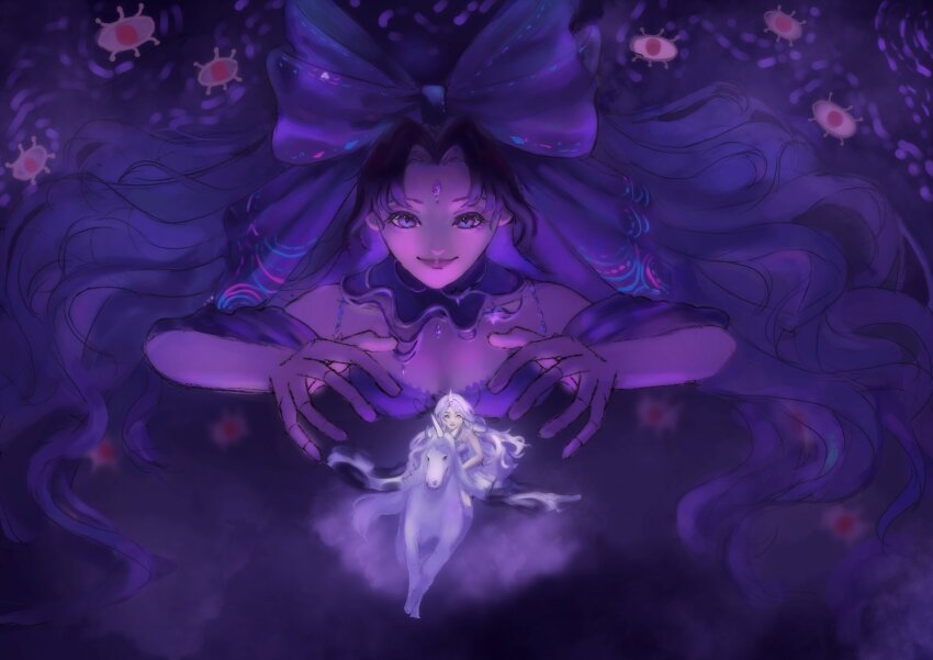 2girls, ad_lunam_(shining_nikki), bare_arms, bare_shoulders, bow, breasts, cleavage, closed_mouth