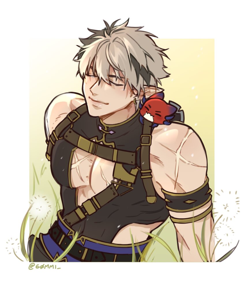 1boy, absurdres, armlet, belt, black_shirt, brown_hair, chest_belt, chest_harness