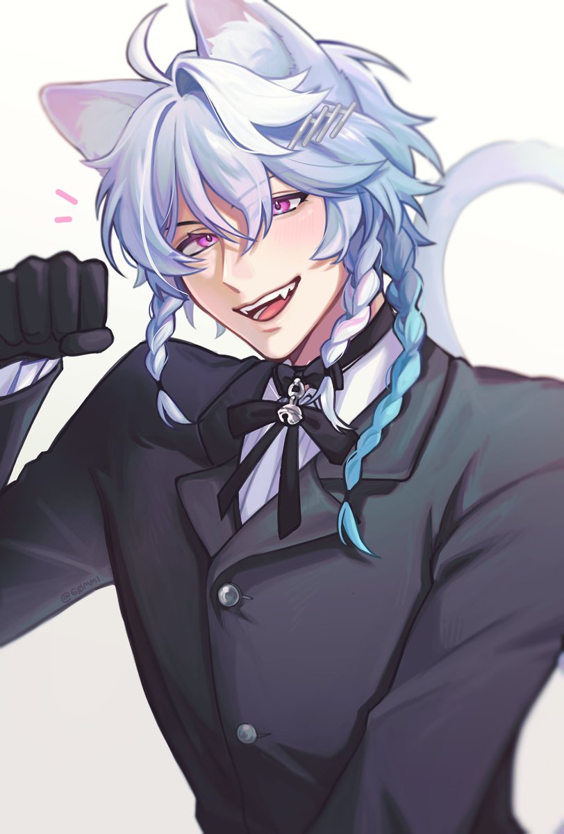 1boy, ahoge, animal_ears, bell, black_bow, black_bowtie, black_gloves, black_jacket