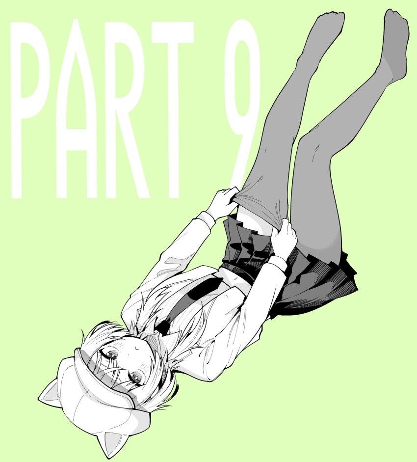 1girl, animal_ears, black_necktie, black_skirt, crossed_bangs, english_text, fake_animal_ears, frown