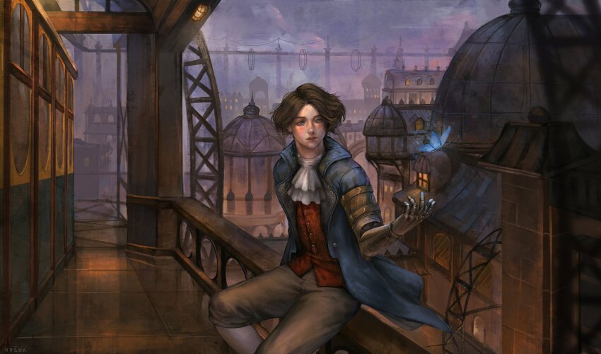 1boy, absurdres, ascot, blue_butterfly, blue_coat, blue_eyes, brown_hair, bug