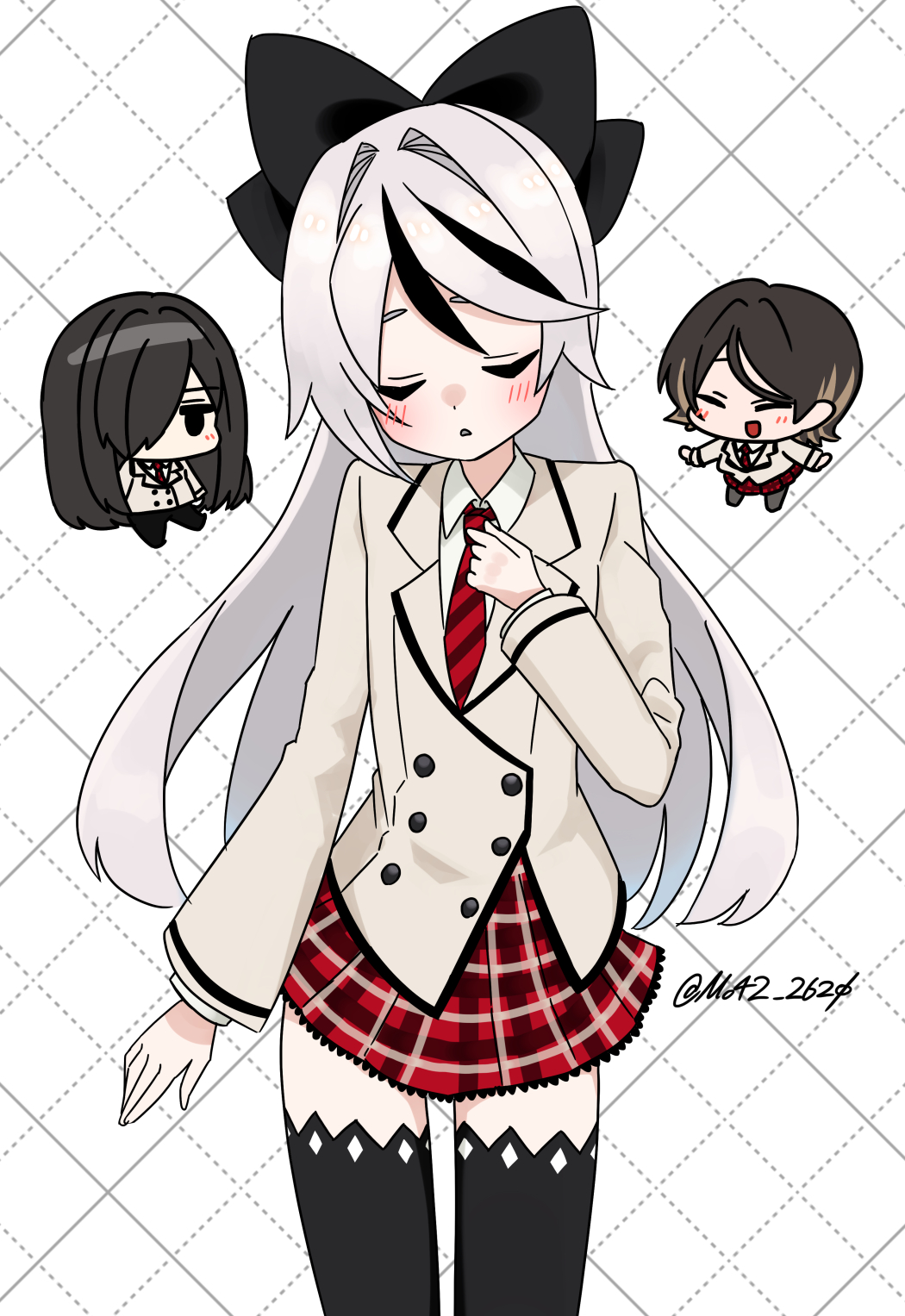 1girl, 2boys, :d, artist_name, black_bow, black_eyes, black_hair, blush