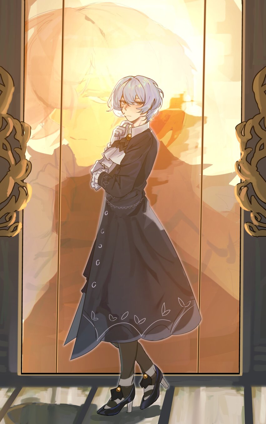 1girl, absurdres, angela_(project_moon), ascot, autisticheath, black_coat, blue_hair, closed_mouth