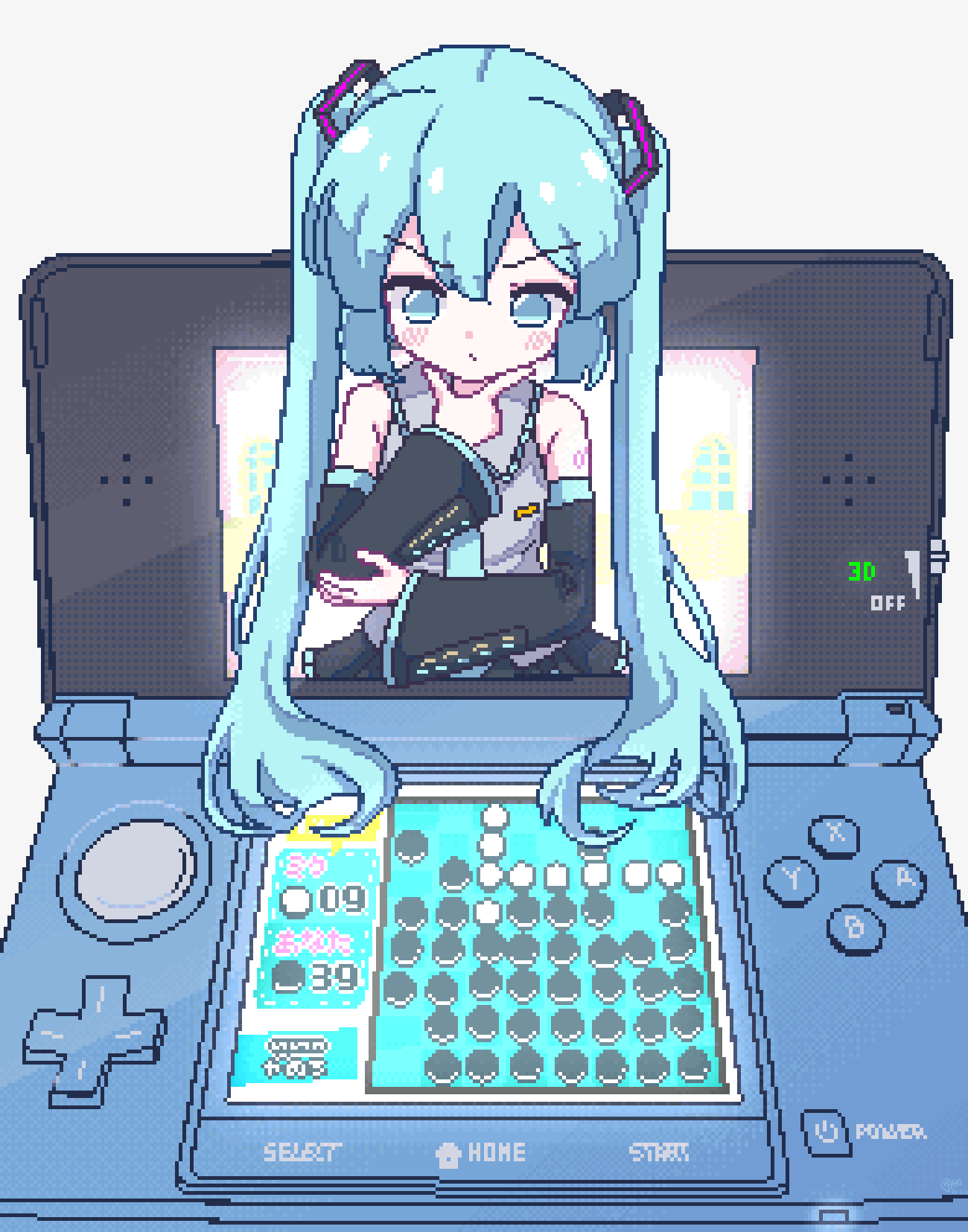 1girl, black_sleeves, blue_eyes, blue_hair, board_game, chibikki, closed_mouth, commentary, detached_sleeves, grey_shirt, handheld_game_console, hatsune_miku, highres, light_blush, long_hair, looking_down, miku_day, nintendo_ds, nintendo_dsi, pixel_art, project_mirai, reversi, shirt, sidelocks, sleeveless, sleeveless_shirt, solo, thinking, twintails, vocaloid