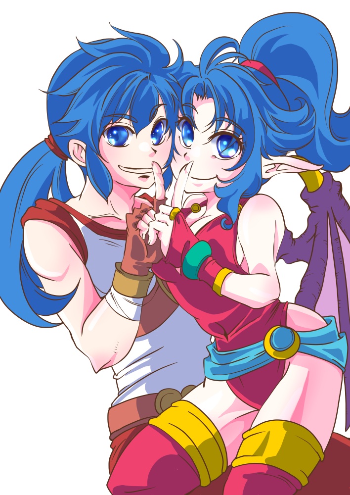 1boy, 1girl, blue_hair, breasts, breath_of_fire, breath_of_fire_ii, brother_and_sister, closed_mouth, commentary_request, covered_navel, dragon_wings, gloves, hanaba_komao, index_finger_raised, leotard, long_hair, looking_at_viewer, patty_the_phantom_thief, ponytail, red_leotard, red_thighhighs, ryu_(breath_of_fire_ii), siblings, simple_background, smile, thighhighs, white_background, wings