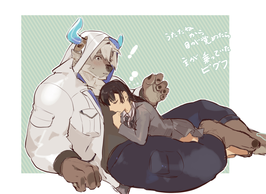 1boy, 1girl, bigfoot_(housamo), black_hair, black_nails, black_pants, black_shirt, blush