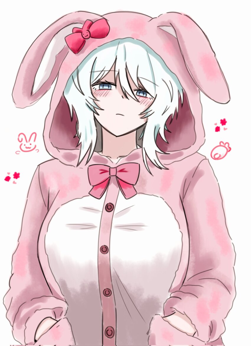 1girl, alternate_costume, animal_ears, animal_hood, blue_eyes, blush, bow, breasts, closed_mouth, collarbone, commentary_request, fake_animal_ears, faust_(project_moon), hair_between_eyes, hands_in_pockets, highres, hjhjb47, hood, large_breasts, limbus_company, looking_at_viewer, medium_hair, onesie, pink_bow, pink_hood, project_moon, rabbit_ears, rabbit_hood, simple_background, solo, upper_body, white_background, white_hair