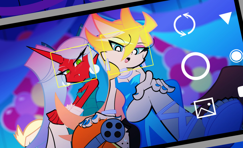 1boy, 2girls, absurdres, blonde_hair, blue_dress, blue_eyes, blue_ribbon, breasts