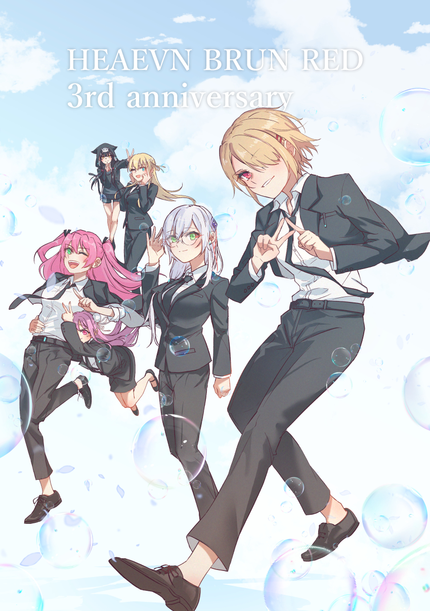 6+girls, absurdres, adjusting_eyewear, aikawa_megumi, aikawa_megumi_(twilight_maturation), asakura_karen_(heaven_burns_red), black_hair, blonde_hair