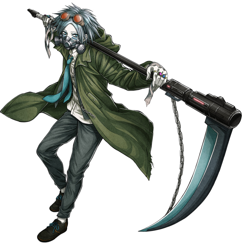 1boy, aqua_necktie, black_shoes, blue_eyes, coat, facepaint, full_body, goggles