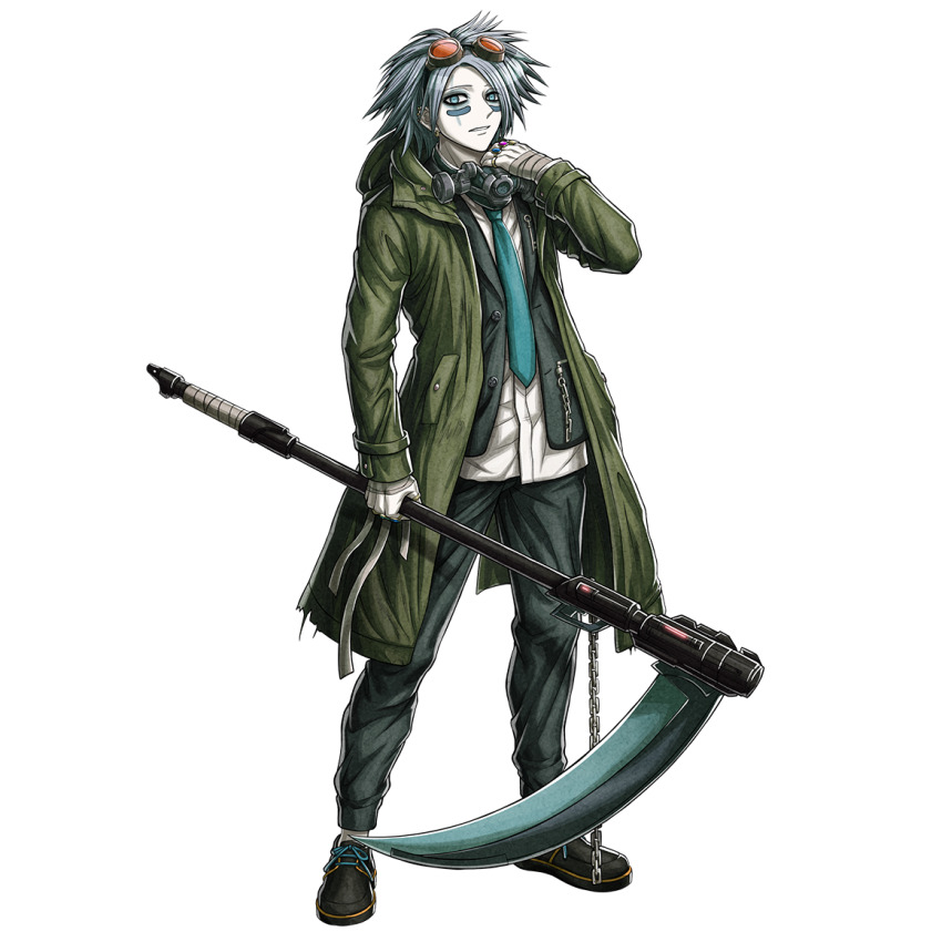 1boy, aqua_necktie, black_shoes, blue_eyes, clenched_teeth, coat, earrings, facepaint