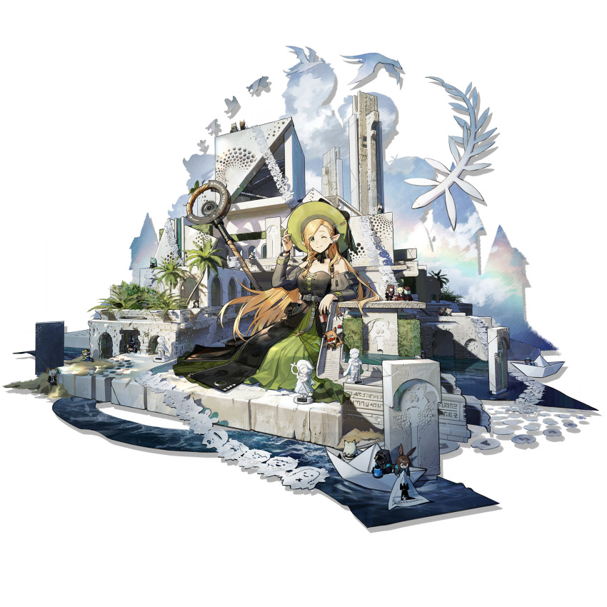 1girl, absurdres, amiya_(arknights), arknights, black_dress, blonde_hair, blue_sky, ceobe_(arknights)