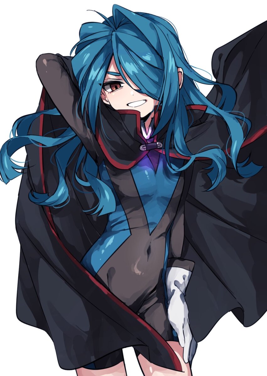 1boy, arm_behind_head, arm_up, black_cape, blue_hair, bodysuit, cape, commentary_request