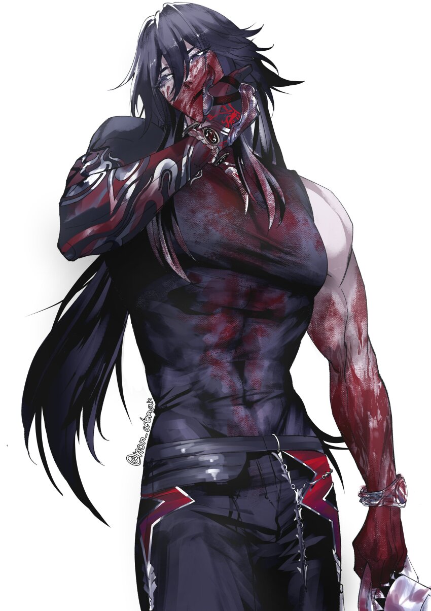 1boy, absurdres, ashveil_(honkai:_star_rail), black_hair, blood, blood_on_clothes, blood_on_face, bracelet, clothing_cutout, gradient_hair, grey_eyes, hair_between_eyes, hashtag-only_commentary, hat, highres, holding, holding_unworn_clothes, holding_unworn_hat, honkai:_star_rail, honkai_(series), jewelry, long_hair, male_focus, multicolored_hair, necklace, non_atman, shirt, sidelocks, tattoo, toned, toned_male, tooth_necklace, unworn_hat, unworn_headwear, watch, white_background, wiping_blood, wristwatch