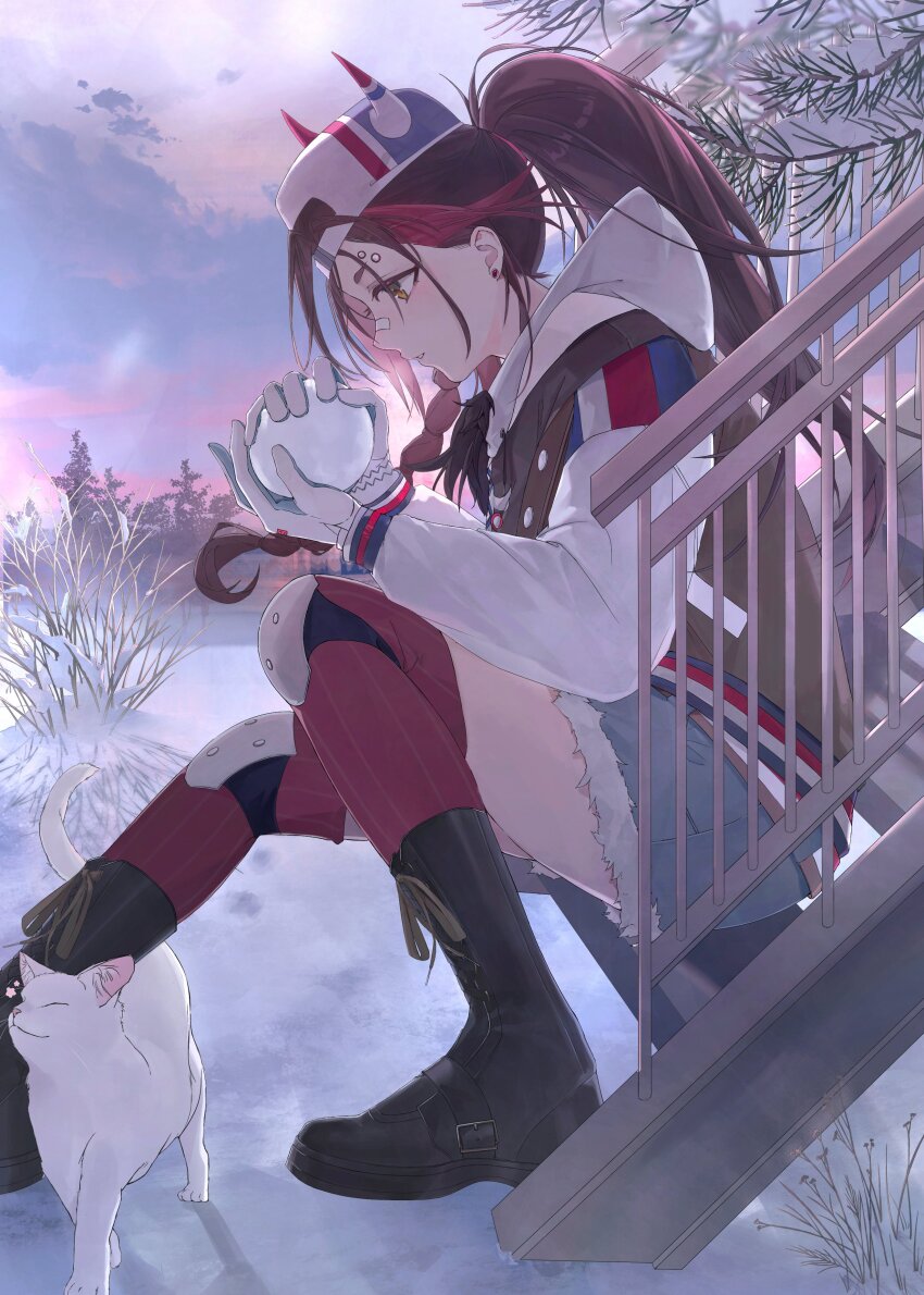 absurdres, alidu, bandaid, bandaid_on_face, bandaid_on_nose, baseball_cap, black_boots, boots, brown_hair, cat, commentary, dolly_(path_to_nowhere), ear_piercing, eyebrow_piercing, face_piercing, fake_horns, gloves, handrail, hat, highres, holding, holding_snowball, hood, hoodie, horns, knee_pads, kneehighs, multicolored_hair, outdoors, path_to_nowhere, piercing, ponytail, railing, red_socks, red_streaks, snow, snowball, socks, stairs, streaked_hair, untranslatable_commentary, white_gloves, winter, yellow_eyes