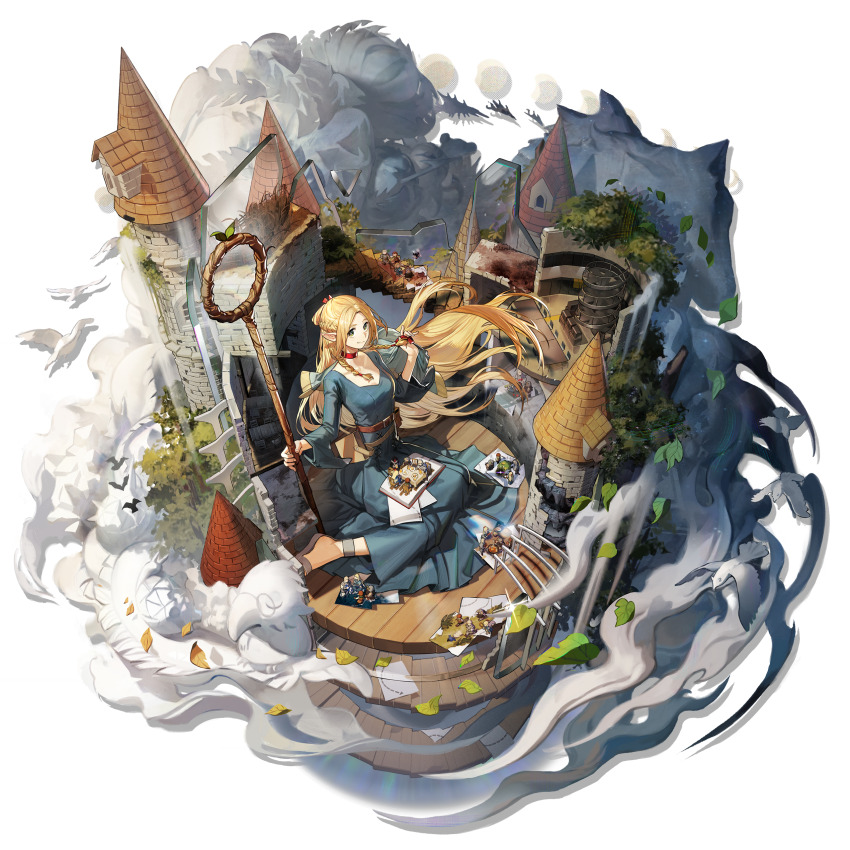 1girl, absurdres, architecture, arknights, bird, blonde_hair, blue_dress, book, castle, crossover, dress, dungeon_meshi, elf, from_above, green_eyes, highres, holding, holding_polearm, holding_weapon, leaf, long_hair, looking_at_viewer, mage_staff, marcille_donato, plant, pointy_ears, polearm, sandals, sidelocks, sitting, solo, staff, studio_montagne, transparent_background, weapon