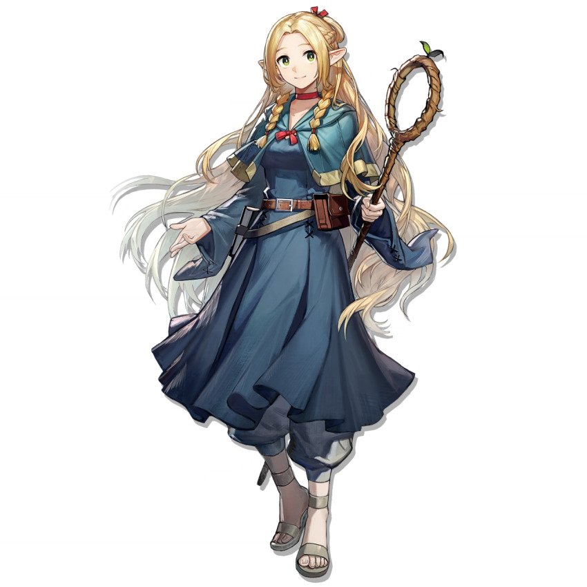 1girl, arknights, belt, blonde_hair, blue_dress, braid, dress, dungeon_meshi