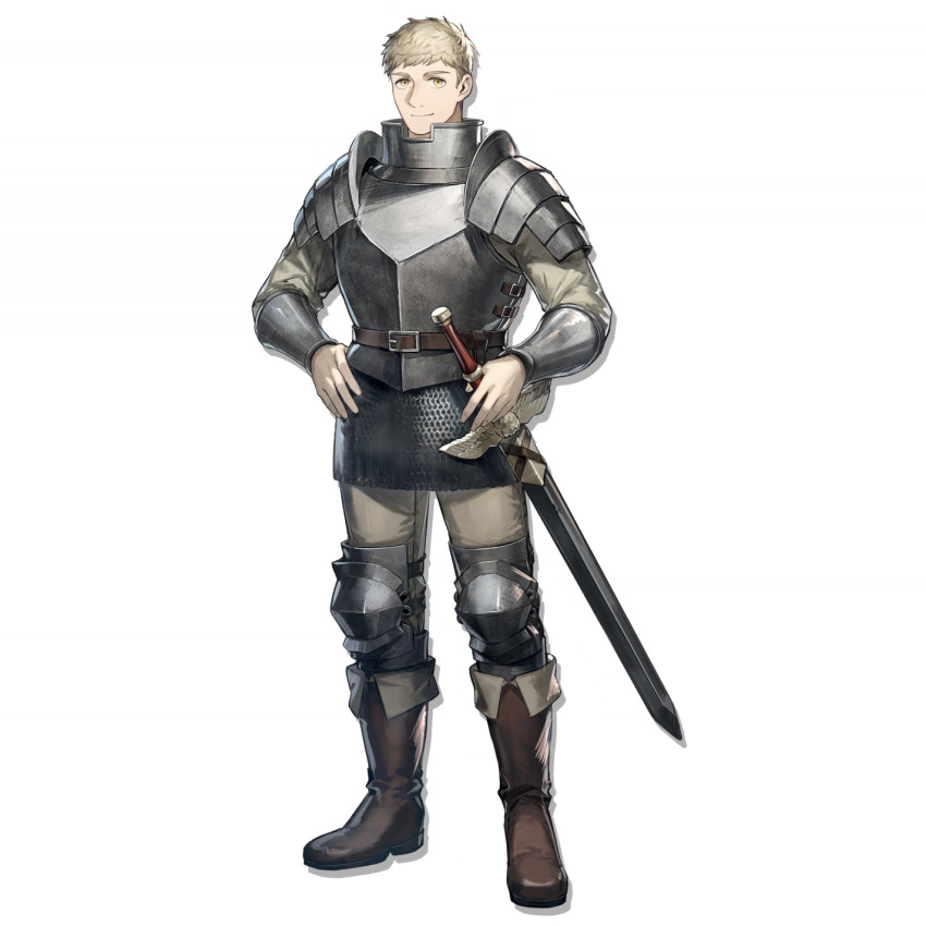 1boy, arknights, armor, boots, brown_boots, dungeon_meshi, full_body, grey_hair