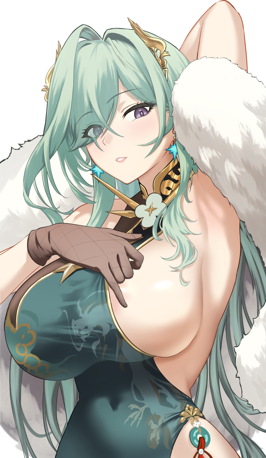 absurdres, areola_slip, arm_behind_head, armpits, azur_lane, black_gloves, breasts, china_dress