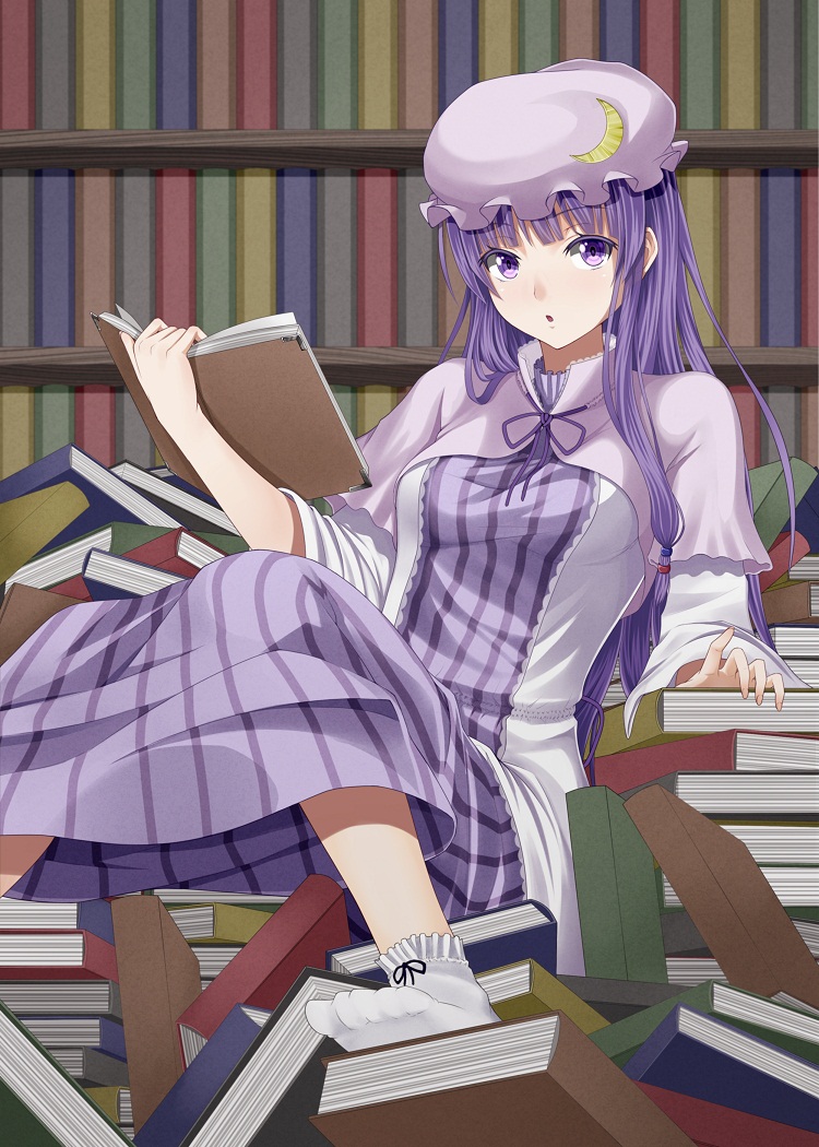 1girl, :o, bad_id, bad_pixiv_id, book, book_focus, book_stack, bookshelf