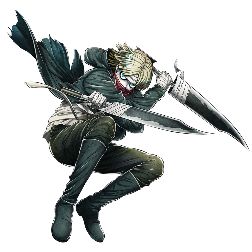 1boy, aqua_coat, aqua_eyes, bandaged_hand, bandaged_head, bandages, black_boots, blonde_hair