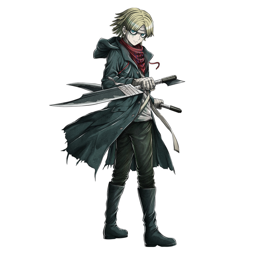 1boy, aqua_coat, aqua_eyes, bandaged_hand, bandaged_head, bandages, black_boots, blonde_hair