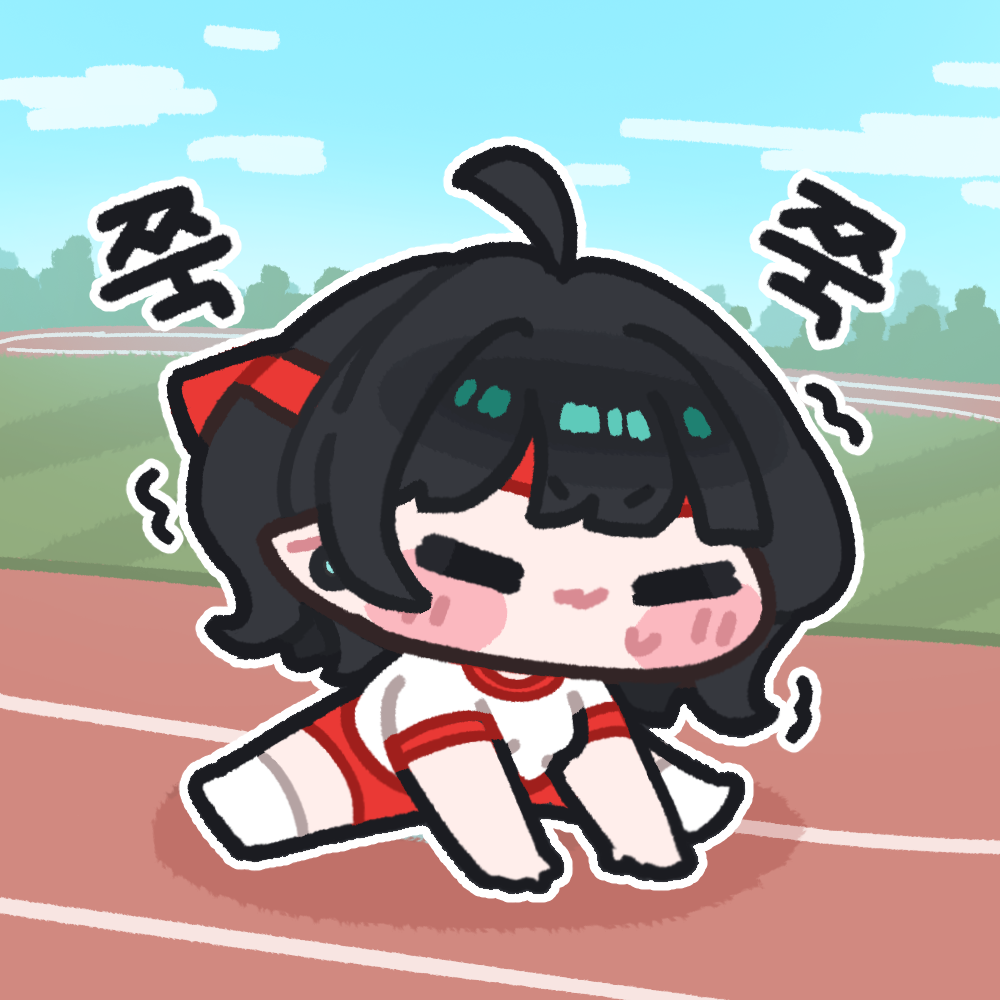 1girl, ahoge, black_hair, buruma, chibi, chibi_only, closed_mouth, commentary_request