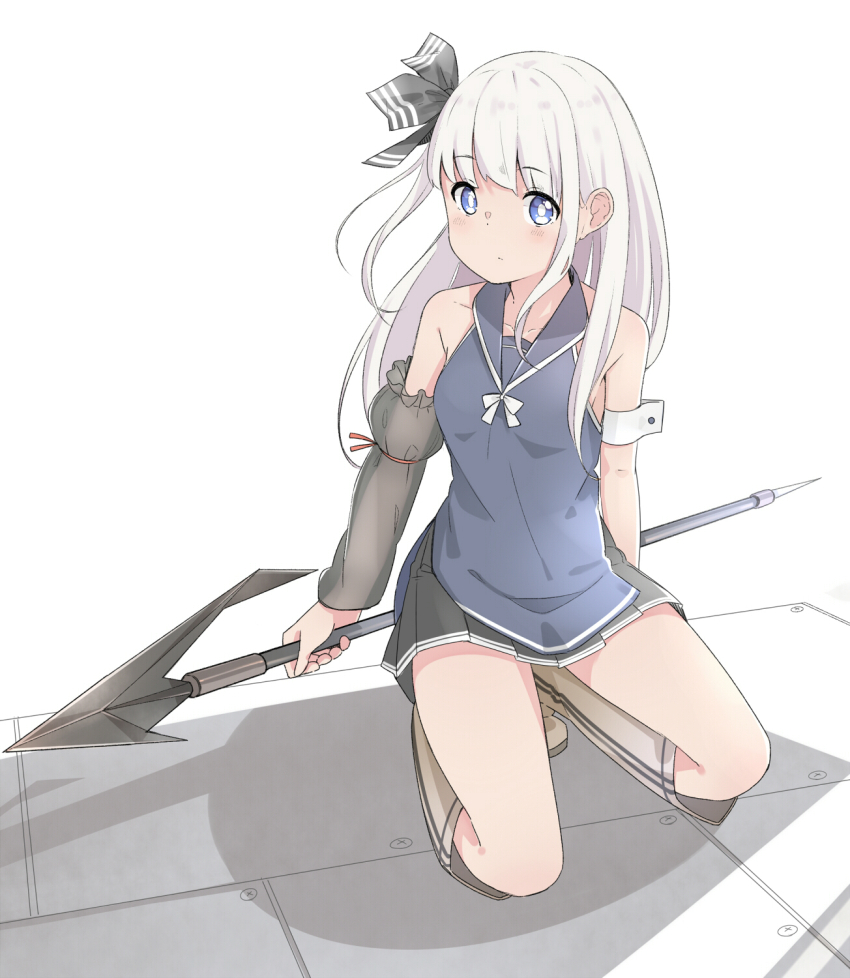 1girl, arm_cuffs, black_bow, black_skirt, blue_eyes, blue_shirt, blush, boots