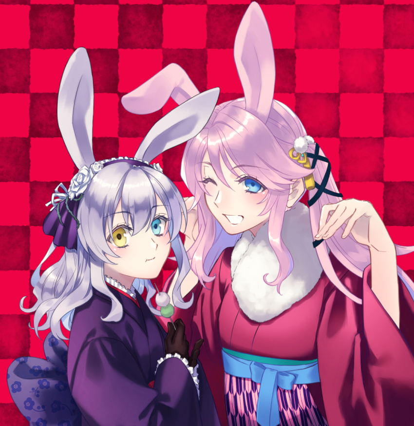 2girls, animal_ears, back_bow, blue_eyes, bow, brown_gloves, checkered_background, commentary_request