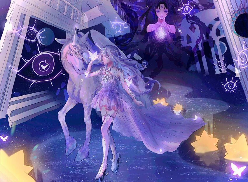 2girls, ad_lunam_(shining_nikki), aerea, bare_shoulders, black_hair, bow, bracelet, bug