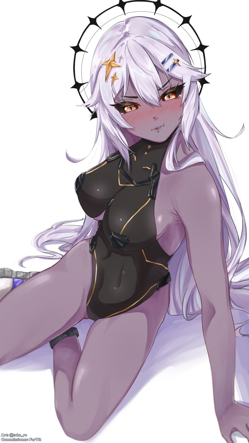 1girl, :t, absurdres, black_leotard, black_sclera, blush, breasts, brown_eyes