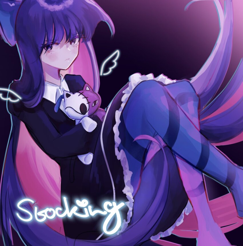 1girl, absurdly_long_hair, aerea, angel_wings, black_background, black_dress, blue_pantyhose, bow