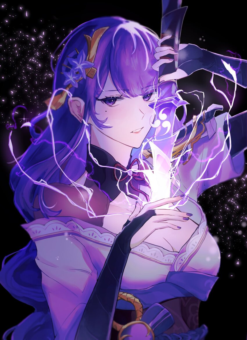 1girl, aerea, bare_shoulders, black_background, black_bridal_gauntlets, black_nails, blunt_bangs, bow, breasts, bridal_gauntlets, cleavage, commentary, electricity, english_commentary, eyelashes, facepaint, gem, genshin_impact, hand_on_own_chest, highres, holding, holding_sword, holding_weapon, japanese_clothes, kimono, large_breasts, light_blush, light_particles, lips, long_hair, long_sleeves, looking_at_viewer, mole, mole_under_eye, nail_polish, obi, off_shoulder, parted_lips, pink_lips, purple_bow, purple_eyes, purple_gem, purple_hair, purple_theme, raiden_shogun, red_sash, sash, sheath, simple_background, single_stripe, solo, striped_bow, sword, teeth, unsheathing, upper_body, very_long_hair, vision_(genshin_impact), waist_bow, wavy_hair, weapon, white_kimono, wide_sleeves