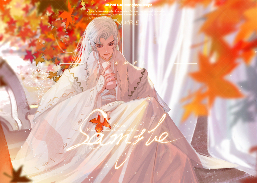 1boy, absurdres, aegyo_sal, arm_guards, autumn_leaves, bottle, chinese_clothes, chinese_commentary, closed_mouth, comb_over, commentary_request, curtains, dachutaiduoxigaiteng, day, ear_piercing, feet_out_of_frame, fur_scarf, hand_up, hanfu, highres, holding, holding_bottle, holding_leaf, knees_up, leaf, light_particles, lips, long_hair, long_sleeves, looking_at_object, male_focus, maple_leaf, piercing, pili_budaixi, pink_lips, pointy_ears, purple_eyes, qiluosheng, sample_watermark, scarf, sitting, solo, watermark, white_hair, white_hanfu, white_scarf, wide_sleeves