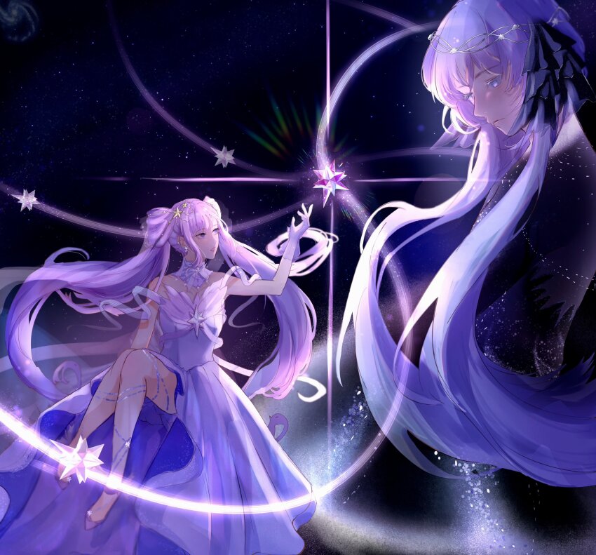 2girls, aerea, bare_shoulders, barefoot, black_bow, black_dress, bow, brooch