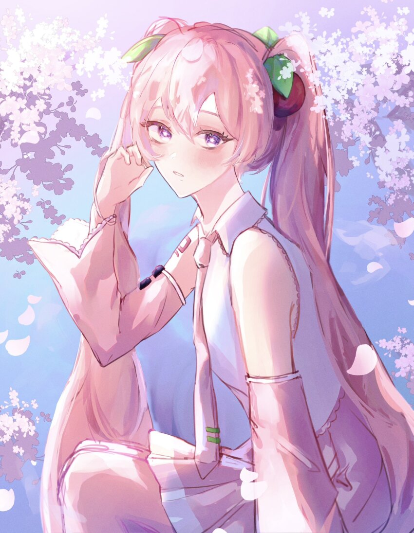 1girl, aerea, bare_shoulders, blue_sky, bright_pupils, cherry_blossoms, cherry_hair_ornament, collared_shirt