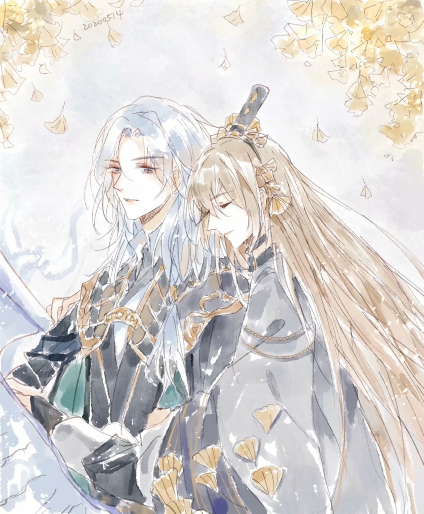 2boys, black_cape, black_gloves, black_robe, blue_eyes, candied_ginkgo_nut_(the_tale_of_food), cape, chinese_clothes