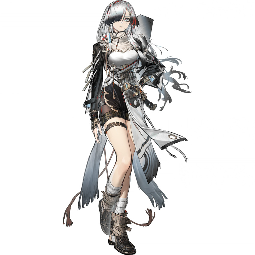 1girl, aqua_eyes, arknights, arm_at_side, baimudafeiyu, belt, black_hair, black_sleeves, boots, breasts, colored_tips, full_body, hairband, hand_on_own_hip, high_collar, highres, knife, leg_up, long_sleeves, looking_at_viewer, low_side_ponytail, mo_yi_(arknights), multicolored_hair, neck_warmer, official_art, parted_lips, pelvic_curtain, red_hair, scabbard, sheath, shorts, side_ponytail, solo, tachi-e, thigh_belt, thigh_strap, third-party_source, transparent_background, white_hair