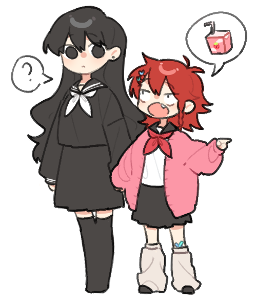 2girls, black_serafuku, black_skirt, black_thighhighs, braid, fang, full_body, genderswap