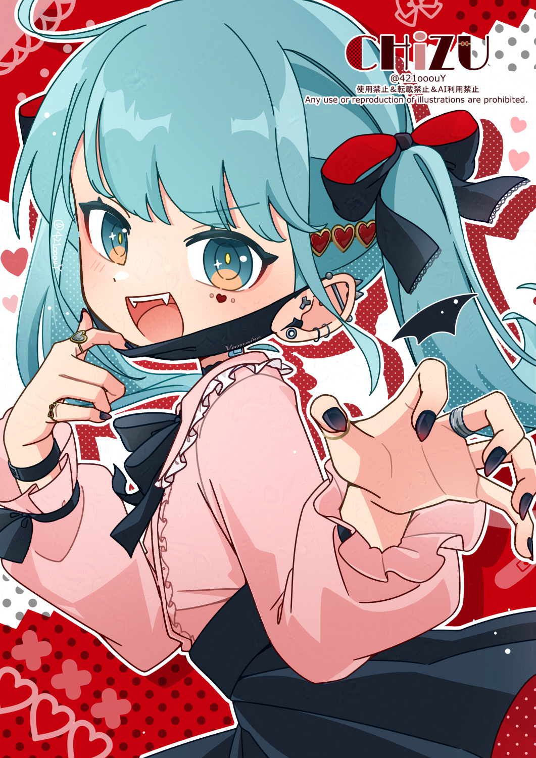 1girl, :d, artist_name, black_bow, black_bowtie, black_nails, black_skirt, blue_eyes