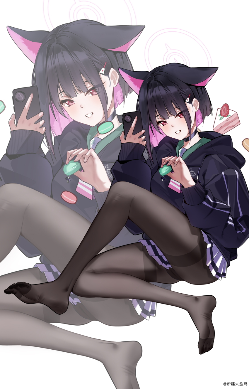 1girl, absurdres, animal_ears, black_choker, black_hair, black_hoodie, black_pantyhose, blue_archive
