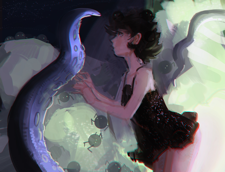 1girl, black_dress, creature, doyora, dress, monster, original, polka_dot, short_dress, short_hair, tentacles, yami_shoujo