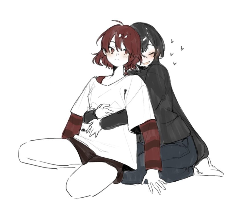 2girls, arms_at_sides, black_hair, black_shirt, black_shorts, blush, bra_strap, braid