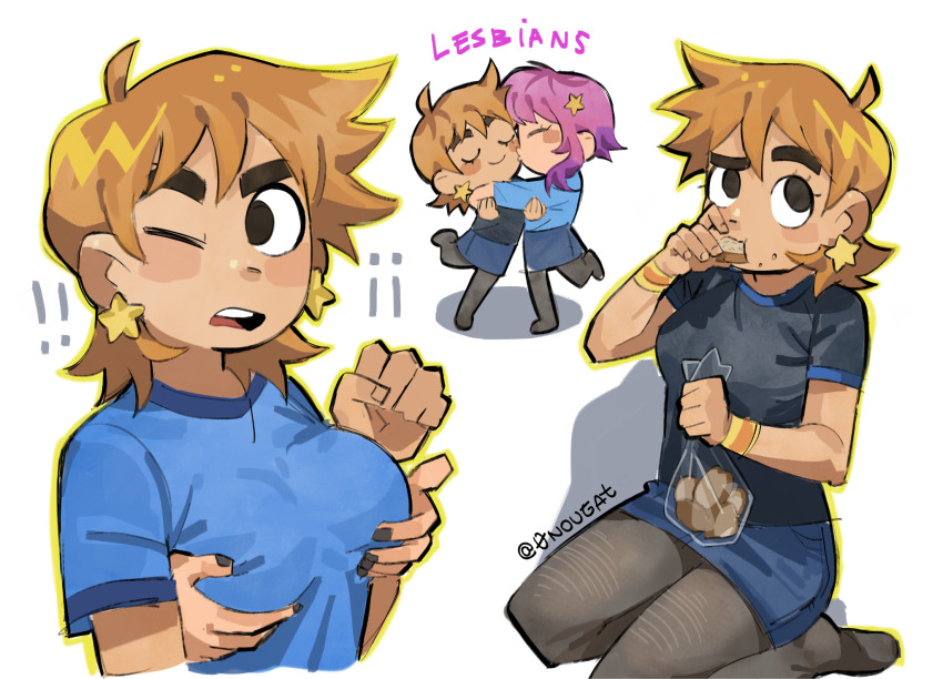 !, !!, 0nougat, 2girls, ahoge, bag, black_eyes, black_pantyhose, black_skirt, blush_stickers, bread, breasts, brown_hair, chibi, chibi_inset, commentary, earrings, eating, english_commentary, food, food_on_face, genderswap, genderswap_(mtf), grabbing_another's_breast, groping, highres, holding, holding_food, jewelry, looking_to_the_side, multiple_girls, one_eye_closed, pantyhose, pink_hair, plastic_bag, ramona_flowers, scott_pilgrim, scott_pilgrim_(series), scott_pilgrim_takes_off, short_hair, signature, sitting, skirt, solo_focus, star_(symbol), star_earrings, thick_eyebrows, wariza, white_background, yuri