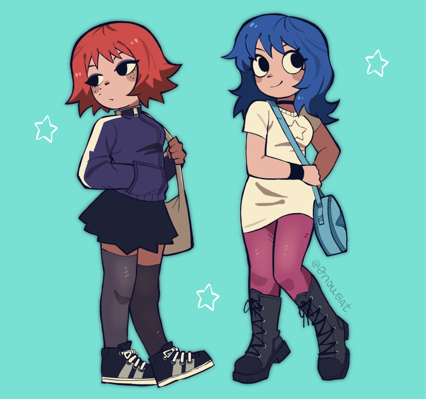 0nougat, 2girls, bag, black_boots, black_eyes, black_skirt, black_thighhighs, blue_background