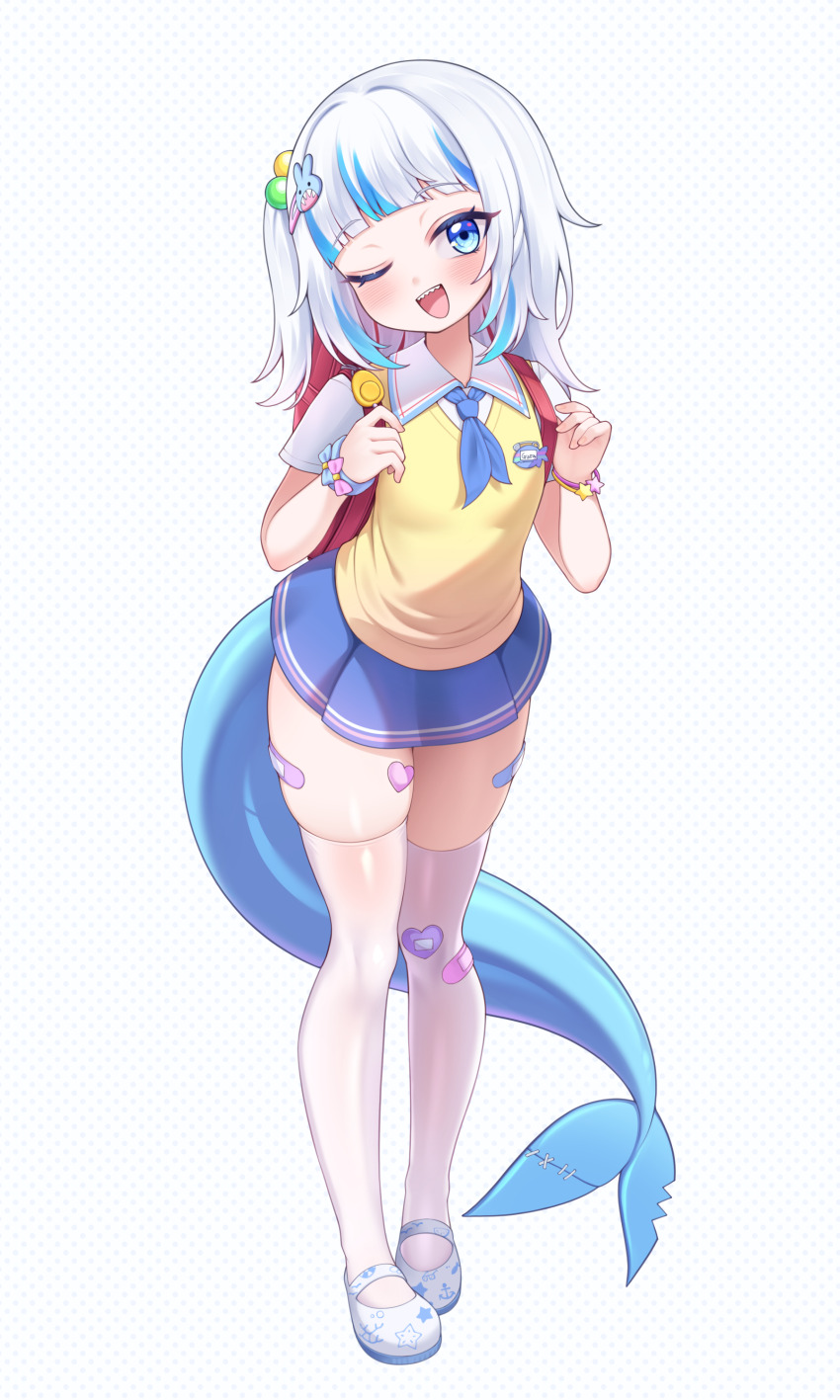 1girl, ;d, absurdres, alternate_costume, backpack, bag, bandaid, bandaid_on_knee