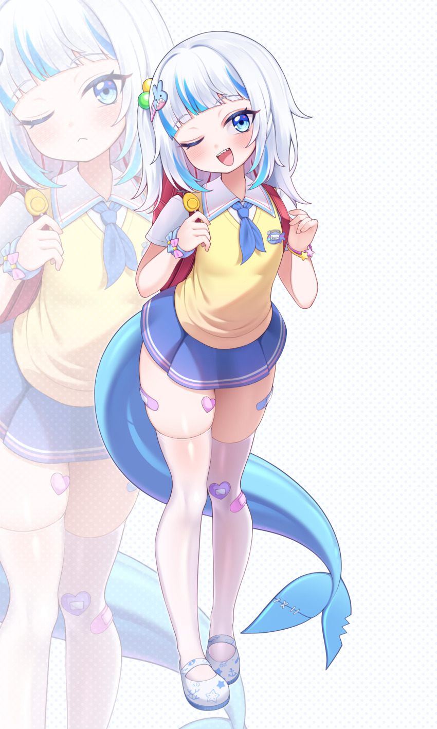 1girl, ;d, absurdres, alternate_costume, backpack, bag, bandaid, bandaid_on_knee